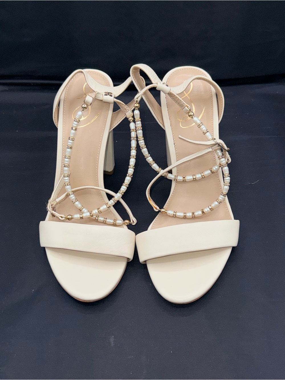 Sam Edelman Yanelli Pearl Ankle Strap Block Heel Sandal 9M Ivory Bridal Coquette - Picture 3 of 11